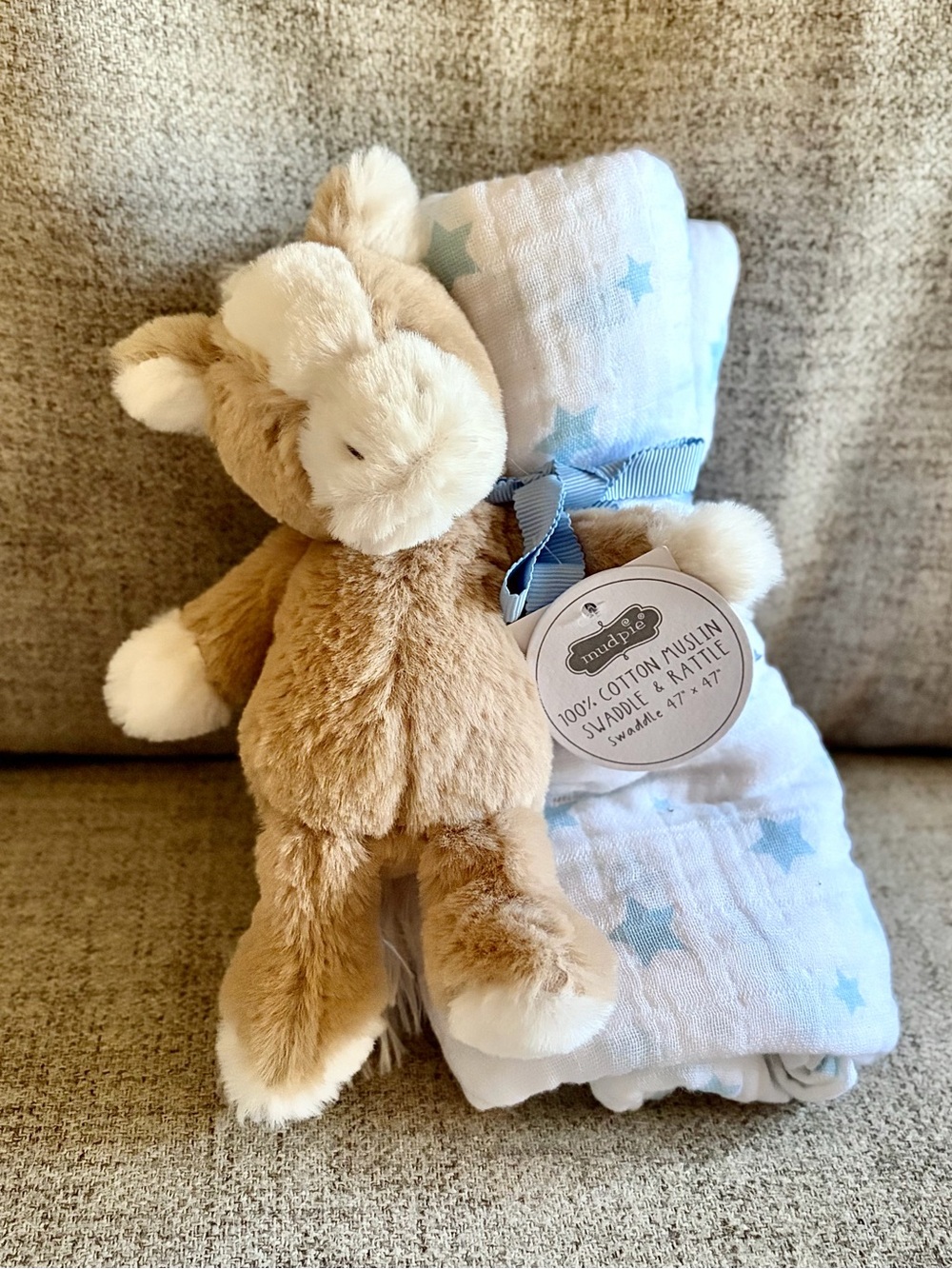 Mud Pie Horse Rattle & 100% Muslin Swaddle Baby Gift Set, NWT, SO SOFT! 🍼